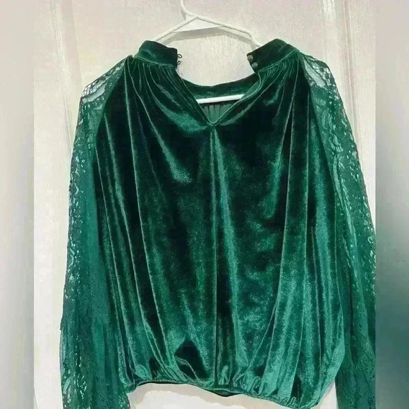 Choklate Velvet High Neck top green holiday party small blouse - Picture 4 of 4